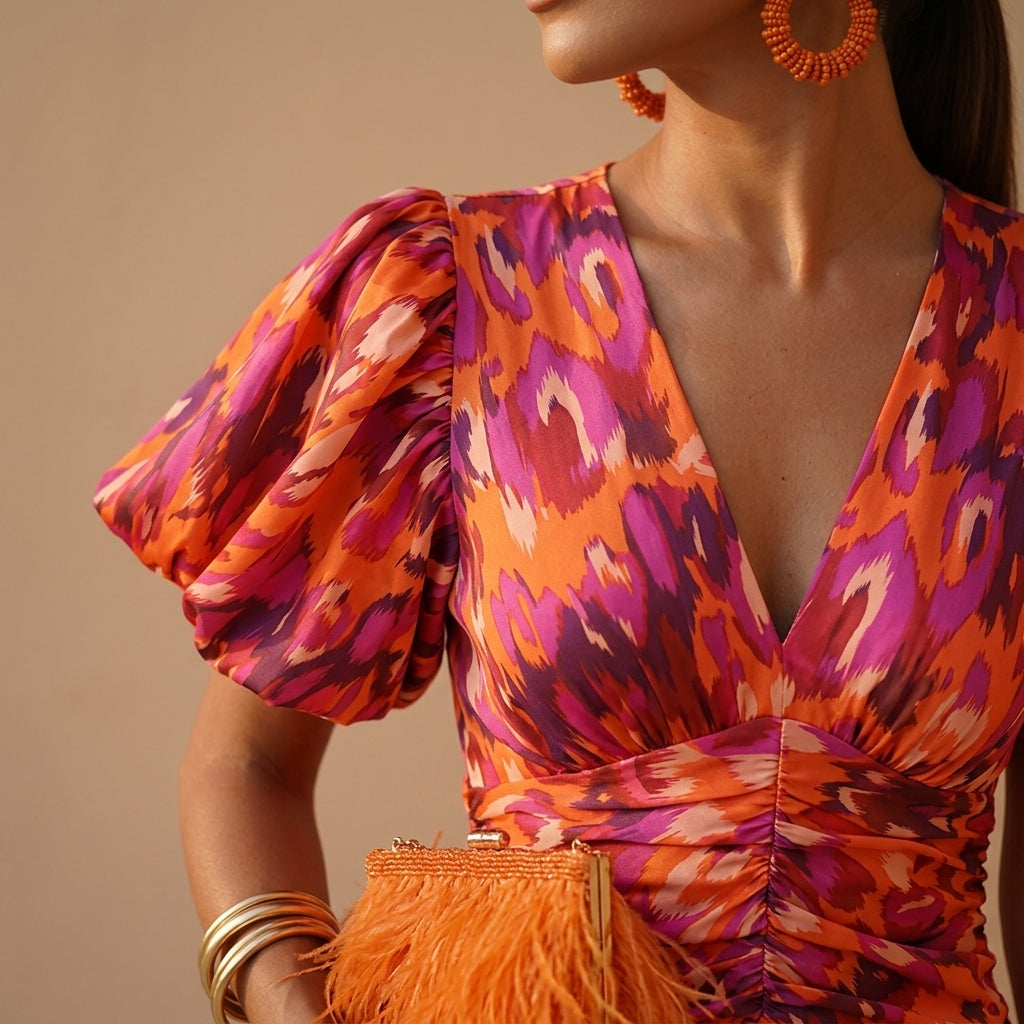 LuminaLuxe™ – Vibrant Printed Midi Dress with Puff Sleeves