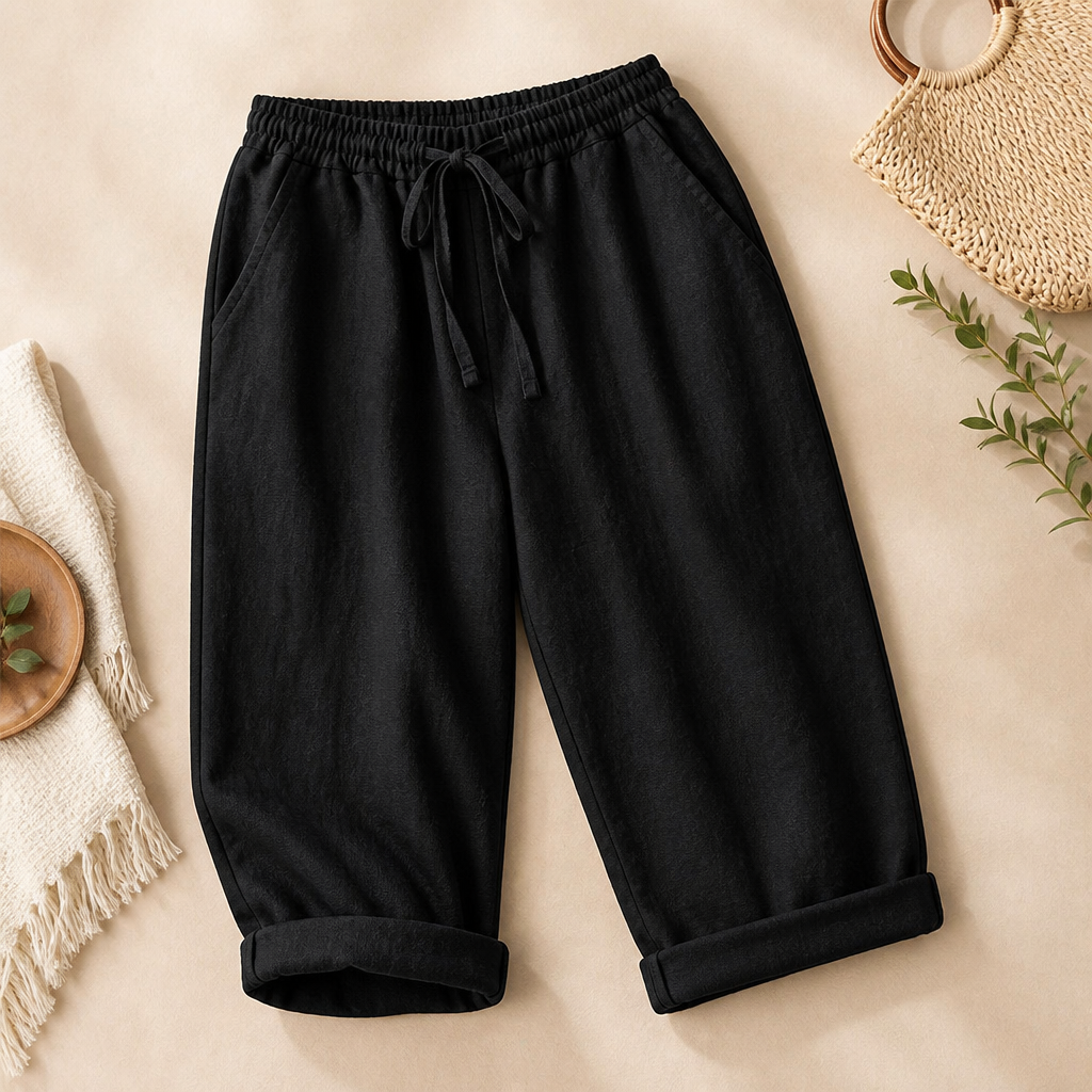 SenseLuxe™ – Airy Cotton-Linen Capri Pants Featuring Rolled Cuffs