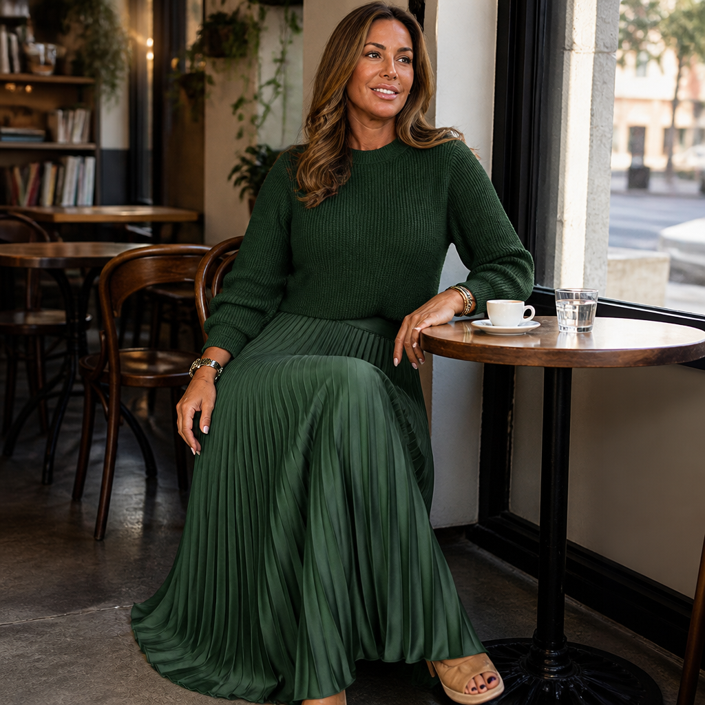 VelaLift™ – Chic Pleated Maxi Skirt Ensemble with Cropped Knit Top
