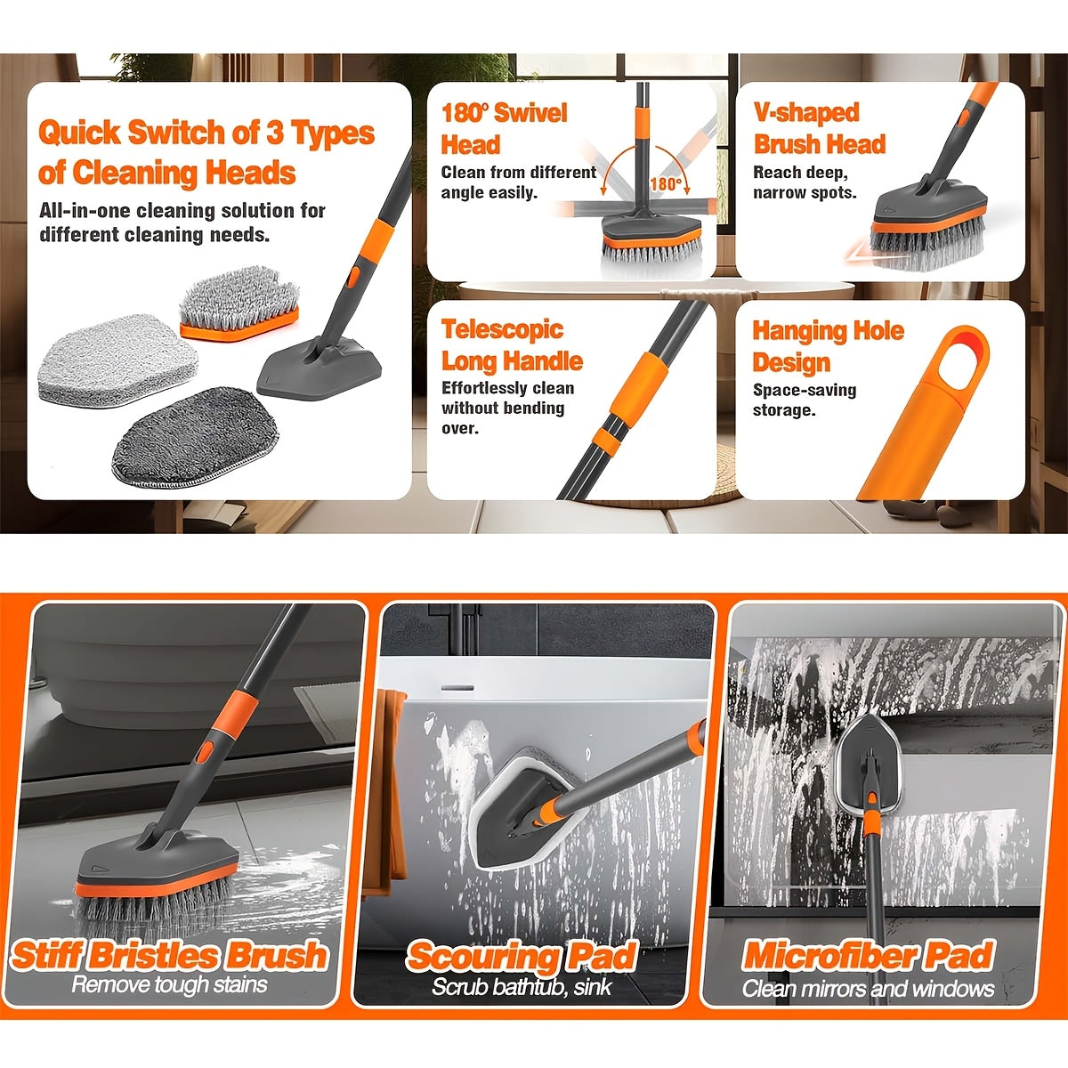 CleanMaster Pro - Versatile Detachable Brush for Tiles & Floors