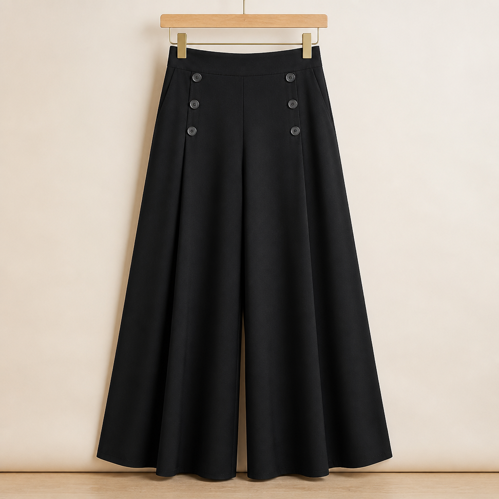 VeroLuxe™ – Wide-Leg Flowing Pleated Pants Featuring Side Button Accent