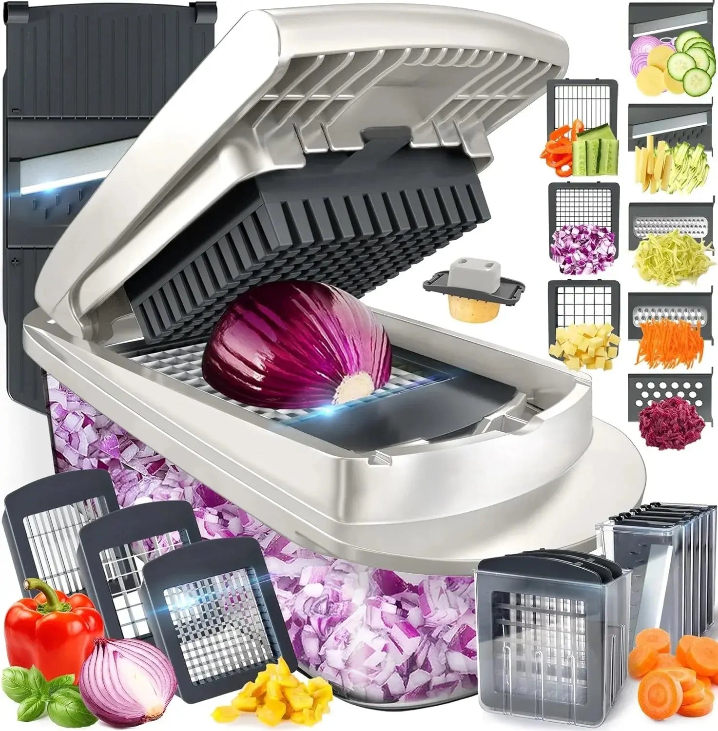 Vegetable Chopper | Slicing, Dicing, Grating | Safety Holder & Storage Container | VegiCut