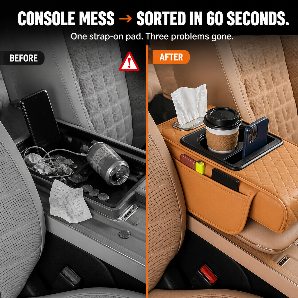 LuminaLuxe™ — Control Center Console Clutter With a Single Strap-On Armrest Pad
