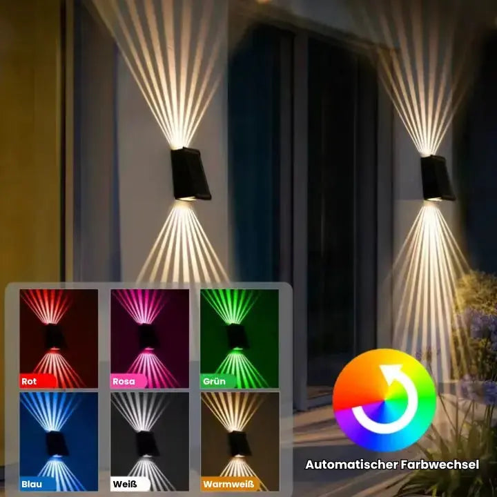 Solar Outdoor Wall Light with Warm White & RGB – Wireless and Automatic