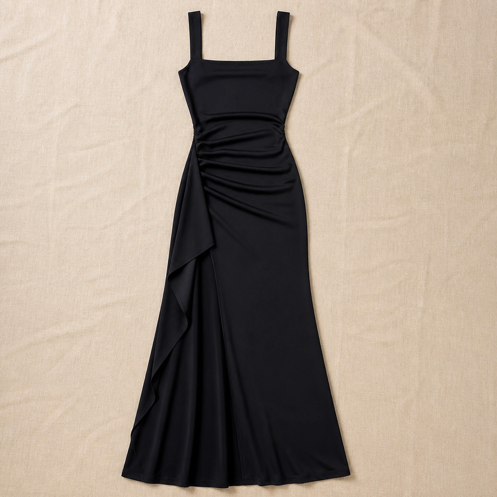 LuminaLuxe™ – Elegant Square-Neck Ruched Maxi Dress with High Thigh Slit