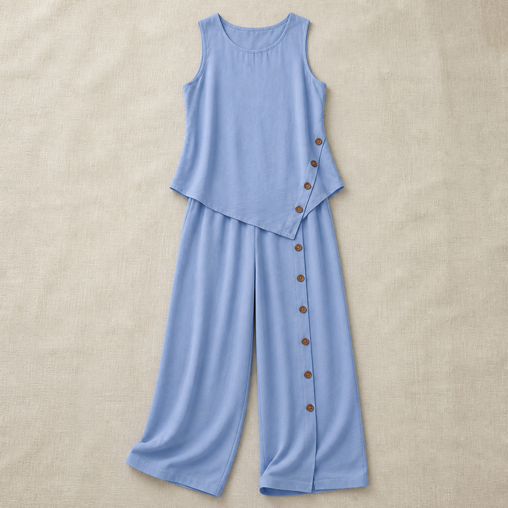 VivaLuxe™ – Breezy Wide-Leg Two-Piece Set with Asymmetric Button Detail