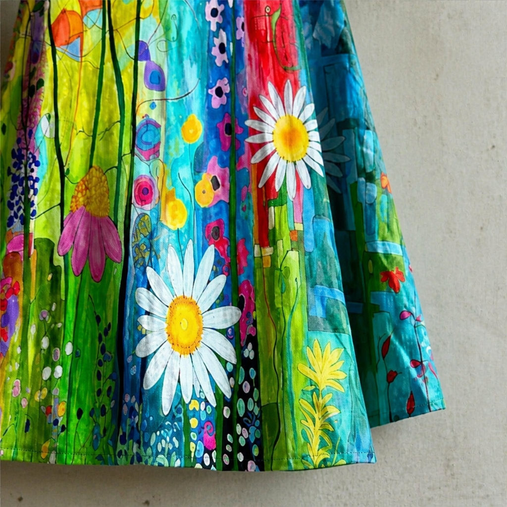 LuminaLuxe™ – Sleeveless A-Line Dress with Hand-Painted Florals