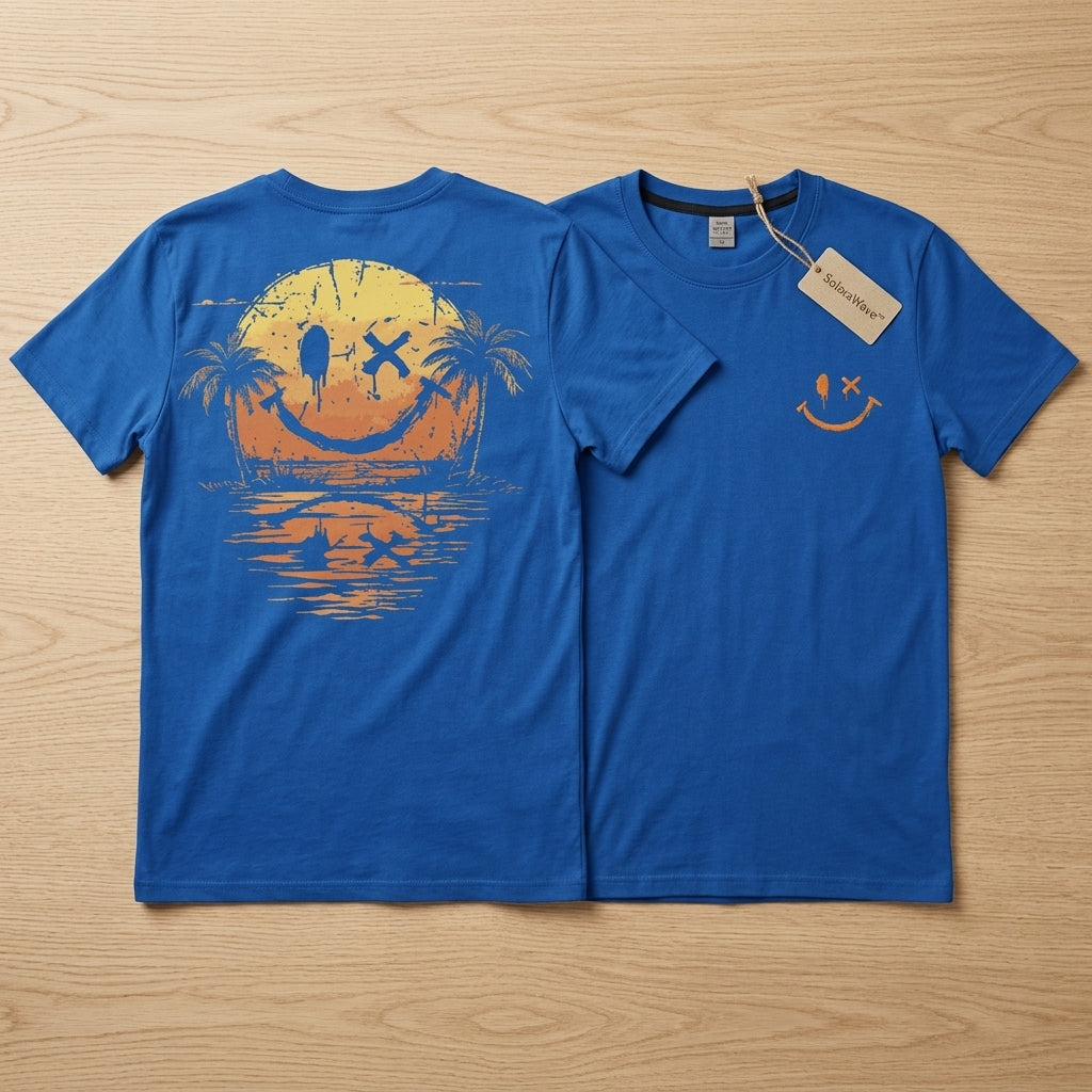 SolaraWave™ – Retro Sunset Smiley Graphic Tee with Front & Back Print