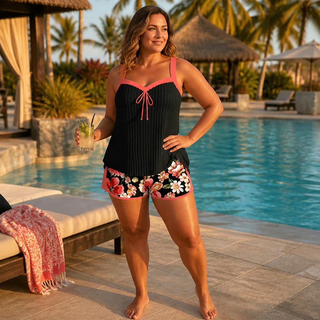 SoloraSway™ – Flowing Pleated Tankini Set with Coverage Shorts