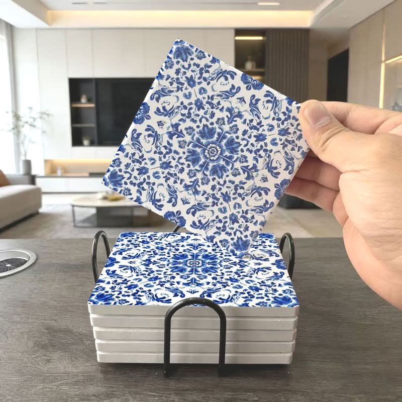 Ceramic Tiles with Floral Vine Pattern in Blue and White Colors