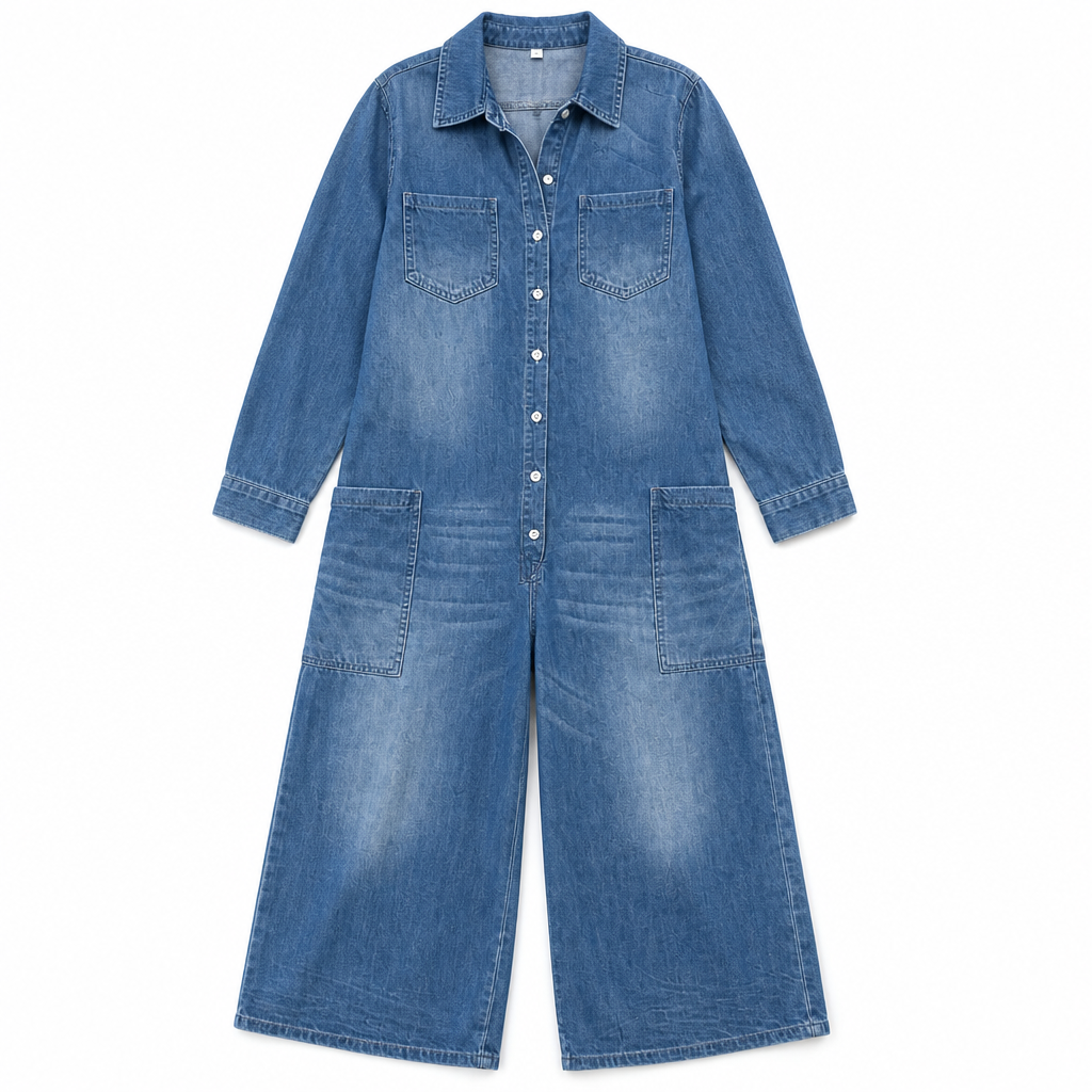 Flowease™ – Laid-Back Wide-Leg Denim Jumpsuit Featuring Button-Front Top