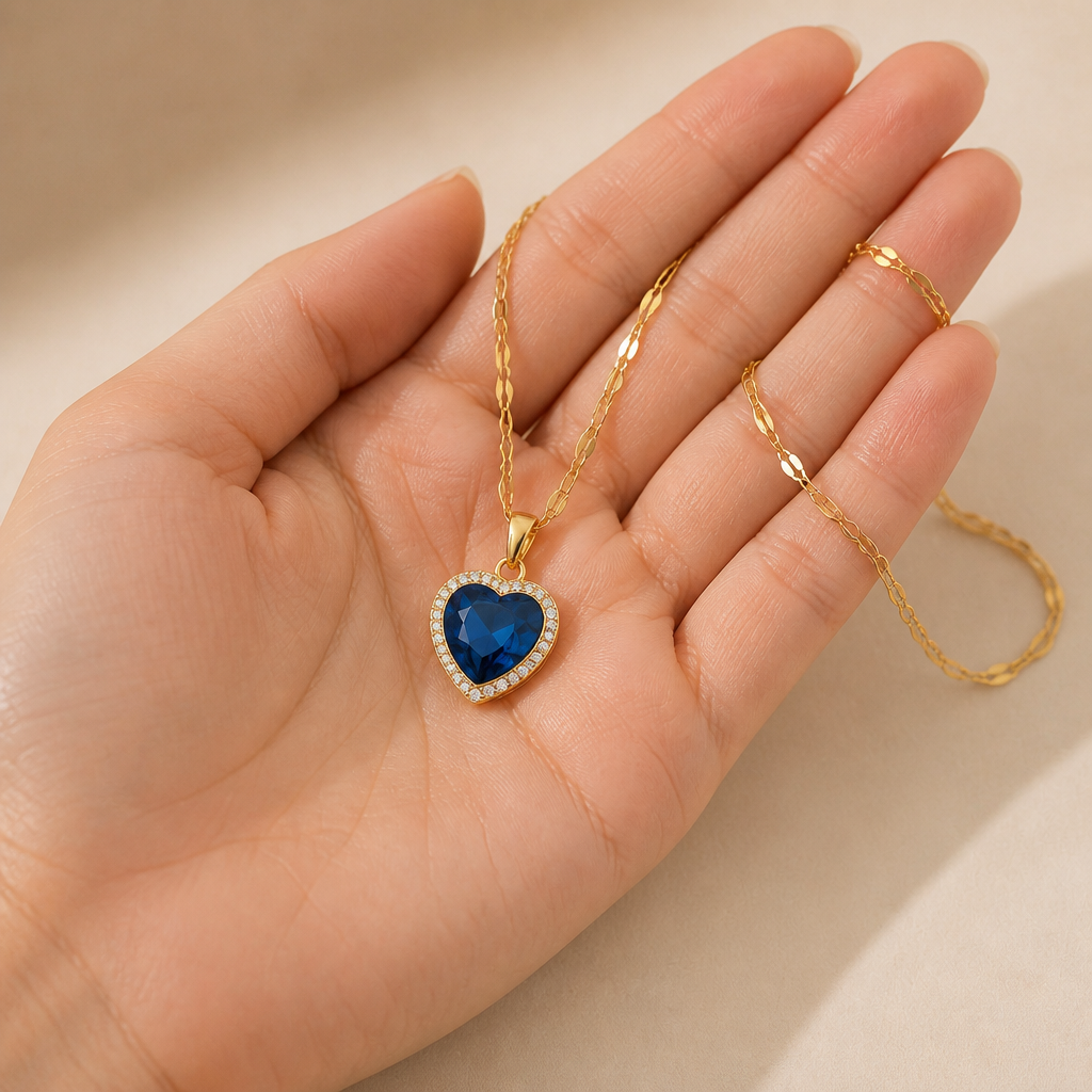 LioraCharm™ – Gleaming Sapphire Heart Necklace with Pavé Halo Pendant