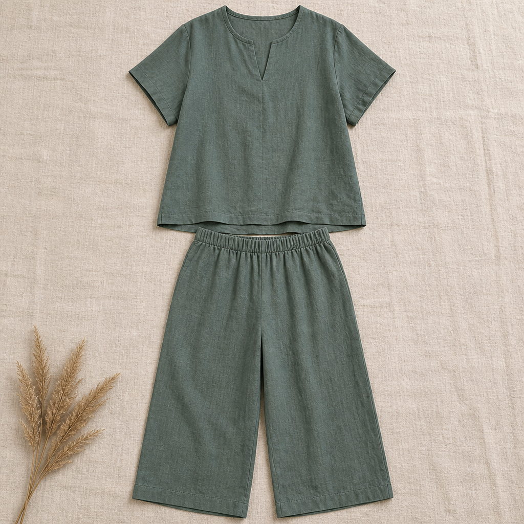 LumoraEase™ – Comfy Cotton-Linen V-Neck Two-Piece Ensemble