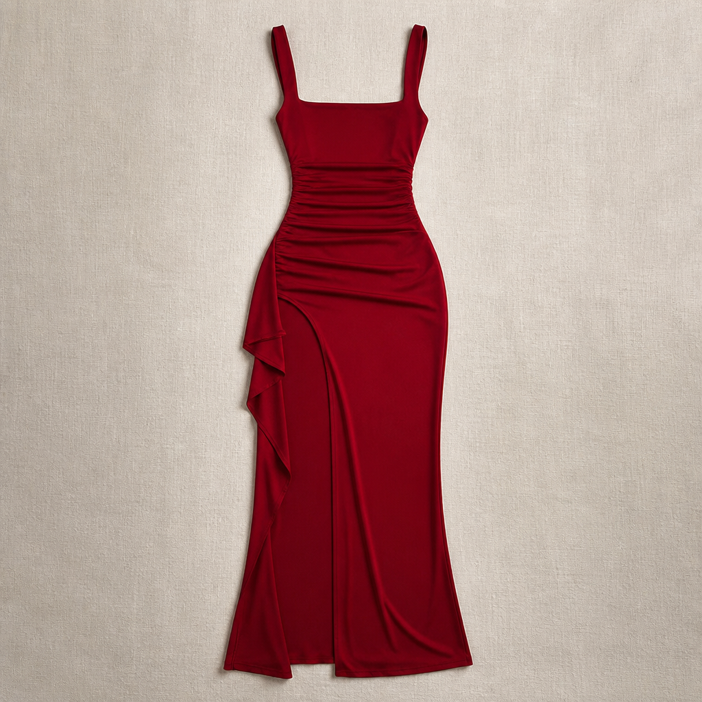 LuminaLuxe™ – Elegant Square-Neck Ruched Maxi Dress with High Thigh Slit