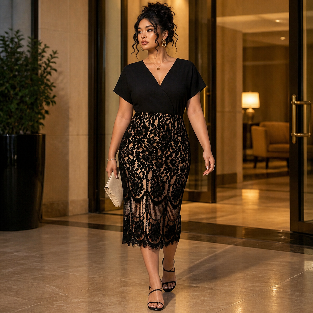 AriaLuxe™ – Lace Midi Dress with V-Neck Wrap Top, Curve-Enhancing Silhouette