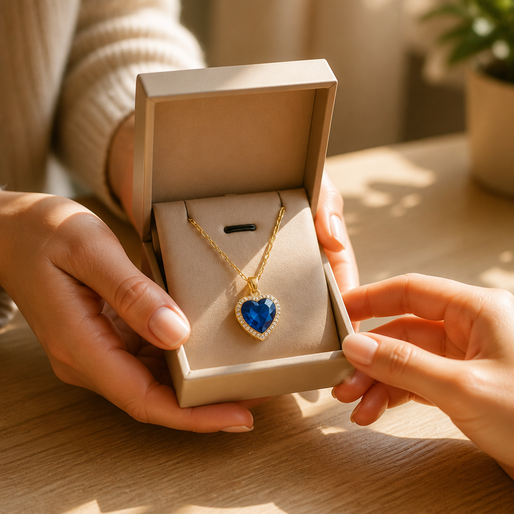 LioraCharm™ – Gleaming Sapphire Heart Necklace with Pavé Halo Pendant