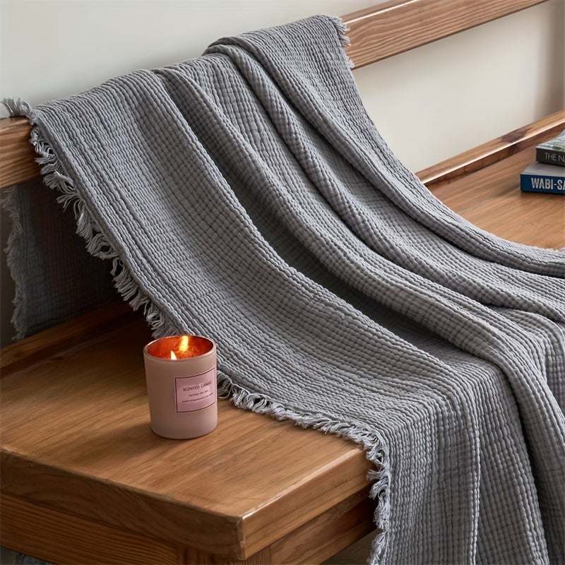 BreezyCotton – Luxurious 4-Layer Cotton Gauze Throw with Chic Fringe