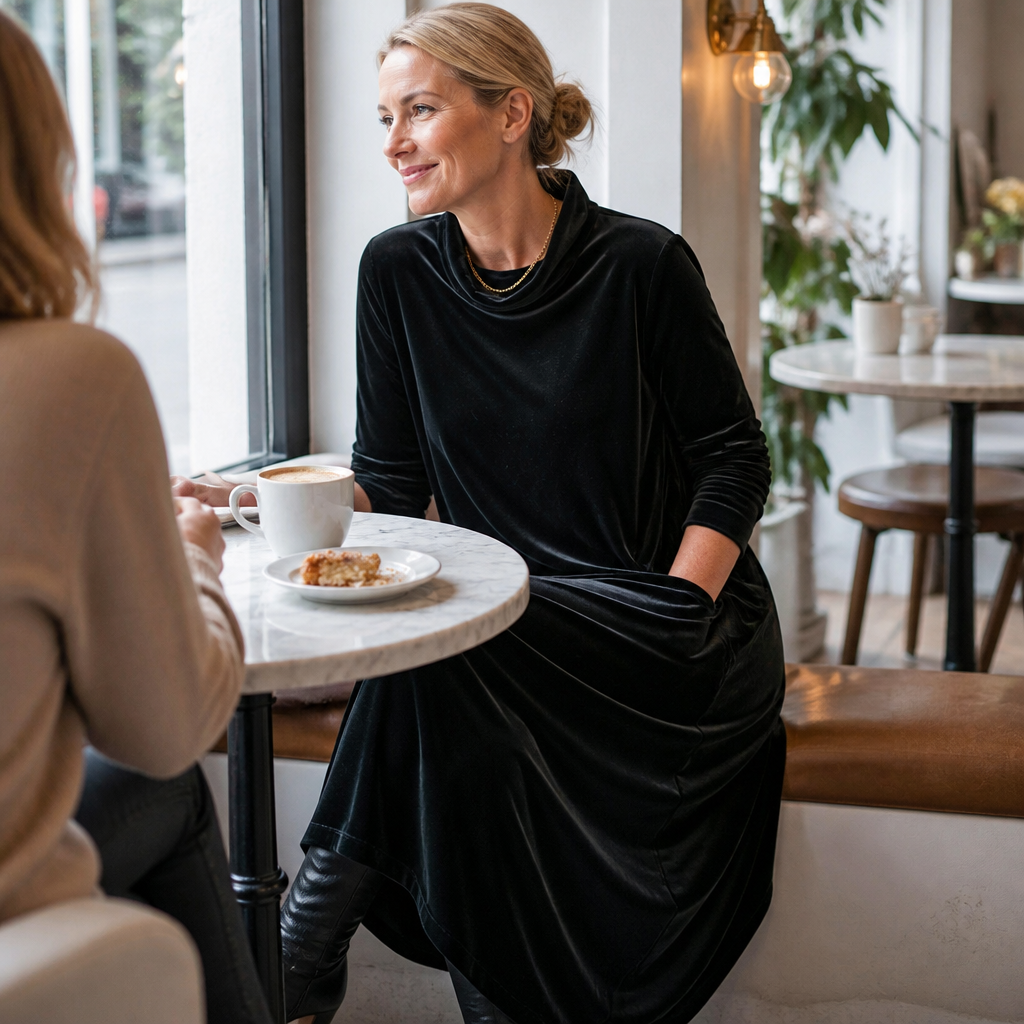 VioraForm™ – Velvet Cocoon Maxi Dress with Mock-Neck and Side Pockets