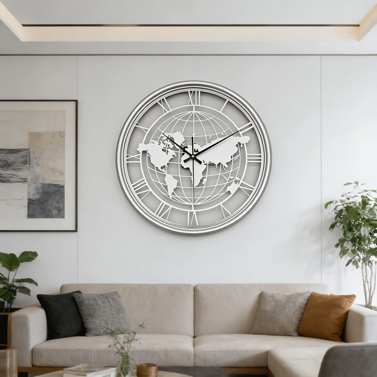 Silent Metal Wall Clock Featuring a Roman World Map Design