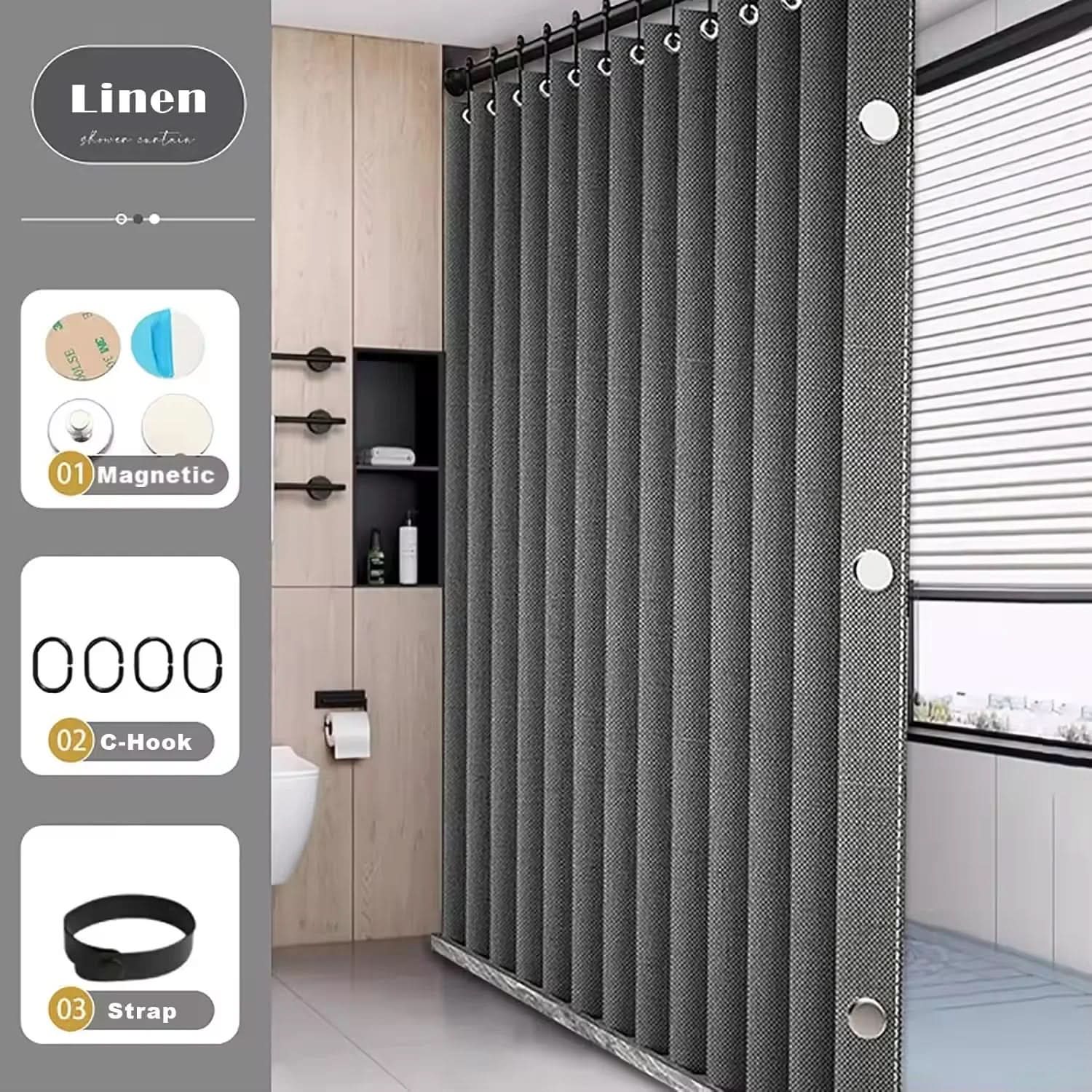 Foldable Shower Curtain with Push Rod for Walk-In Showers