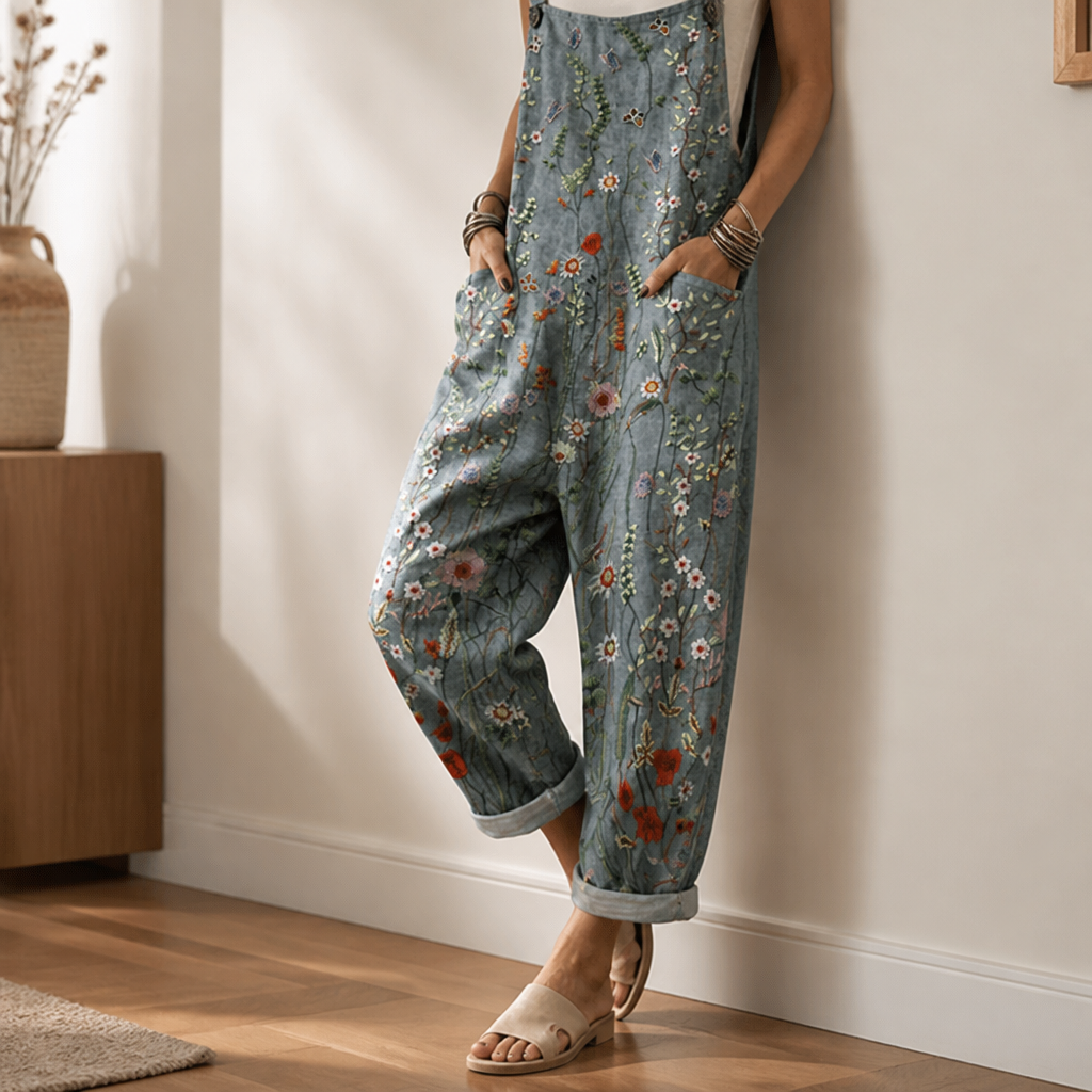 VivaEase™ – Relaxed Wide-Leg Printed Dungarees with Adjustable Straps