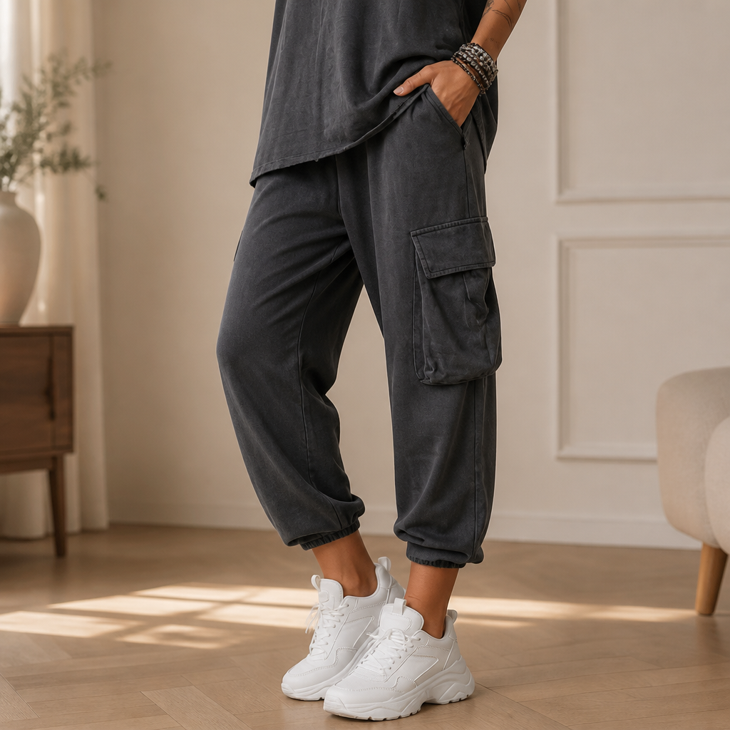 LuxeStride™ – Washed Cotton Tank and Cargo Jogger Set