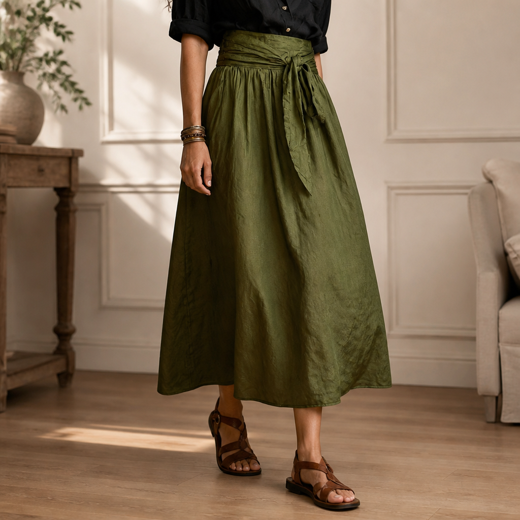 Veloura™ – Relaxed Linen Shirt & Tie-Waist Olive Midi Skirt Set