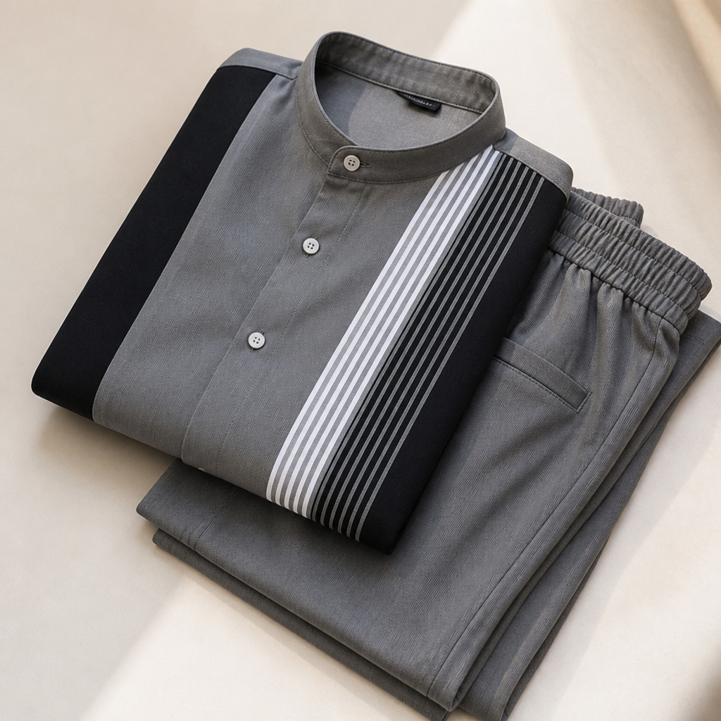 ValoroEdge™ – Color-Block Striped Mandarin-Collar Shirt & Pants Set