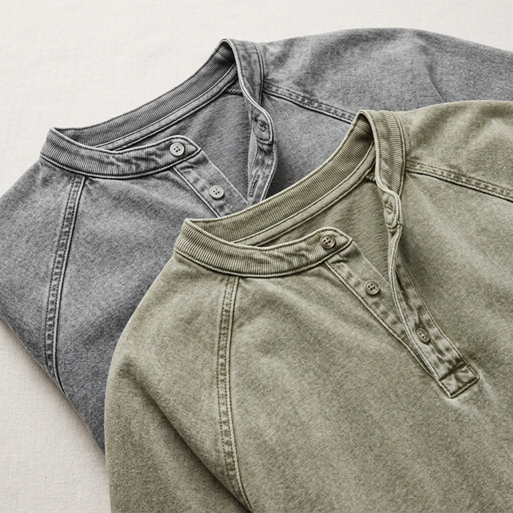 VesperLoom™ – Vintage Mineral-Wash Raglan Henley Tee