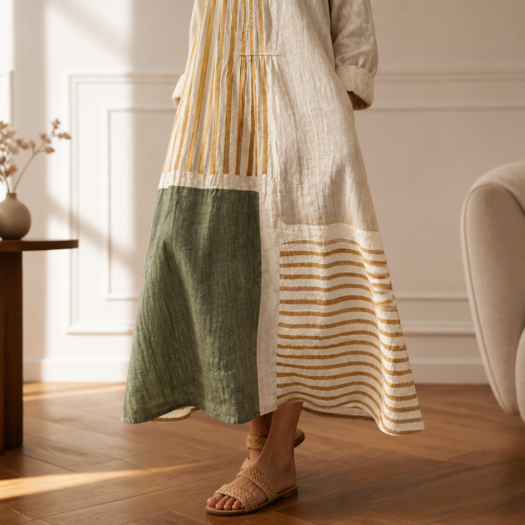 ZephyraFlow™ – Relaxed Striped Patchwork Linen Maxi Dress