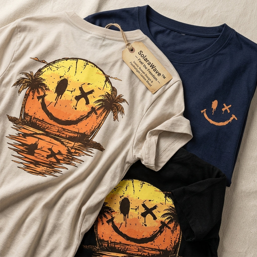 SolaraWave™ – Retro Sunset Smiley Graphic Tee with Front & Back Print