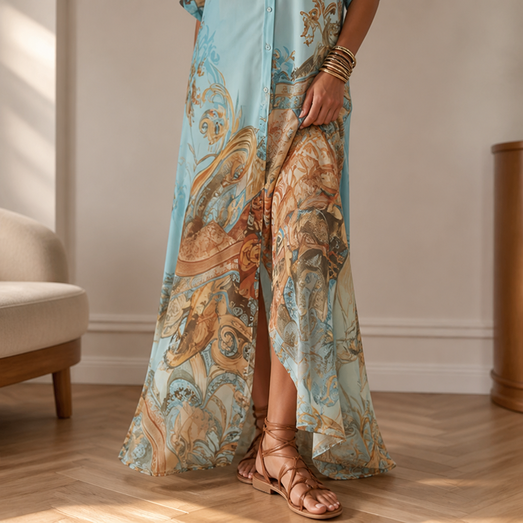 Seabreeze Serenade™ – Flowy Mediterranean-Print Maxi Shirt Dress with Side Slit