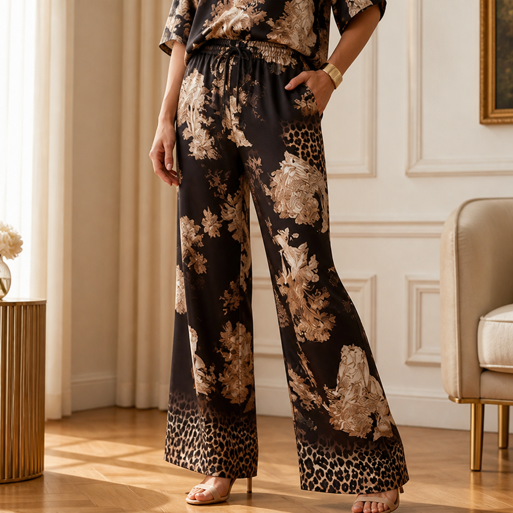 SereniSilk™ – Flowy Satin Floral V-Neck Top & Wide-Leg Pant Set