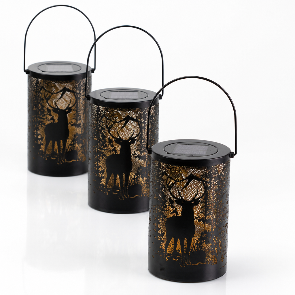 Solar Rechargeable Iron Lantern (Deer Cutout Projection)