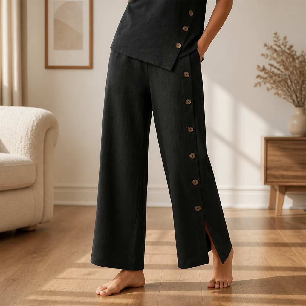 SilkaLuxe™ – Relaxed Linen-Feel Two-Piece Set with Asymmetric Button Hem