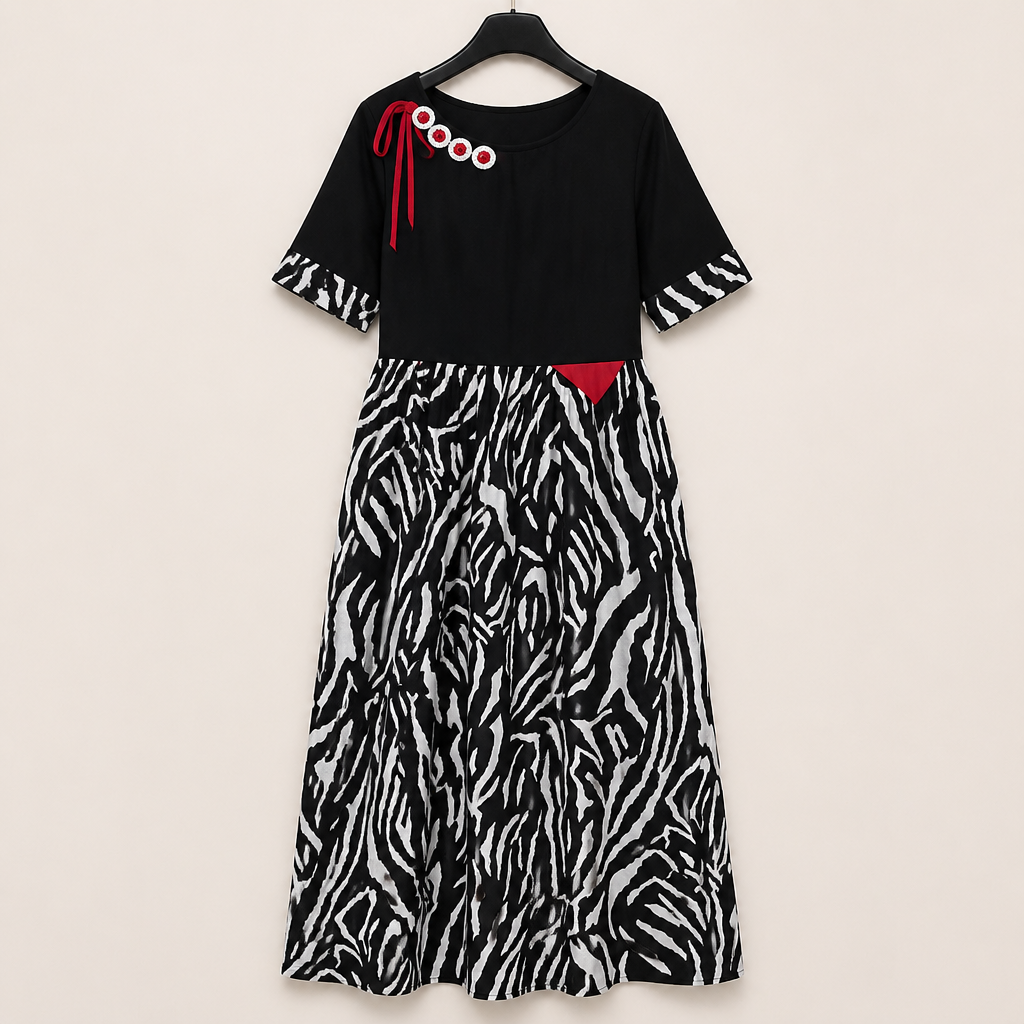 VeraNite™ – Striking Zebra Patchwork Maxi Dress Featuring Red Accent Detail