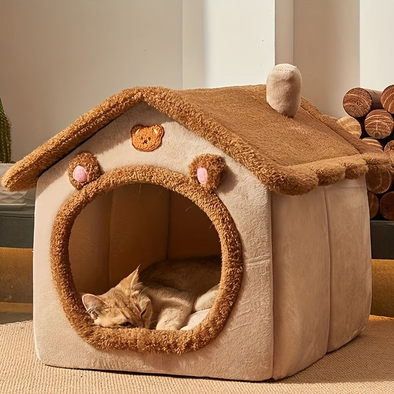 Cozy Retreat - Enclosed Plush Cat Bed for Winter Warmth