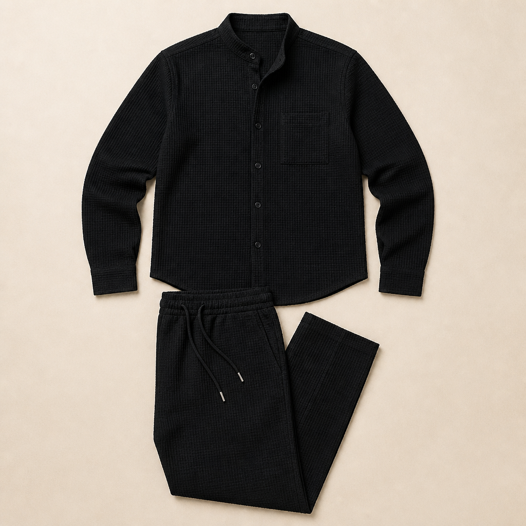 RavenaLux™ – Custom Waffle Knit Mandarin Collar Shirt and Pants Ensemble