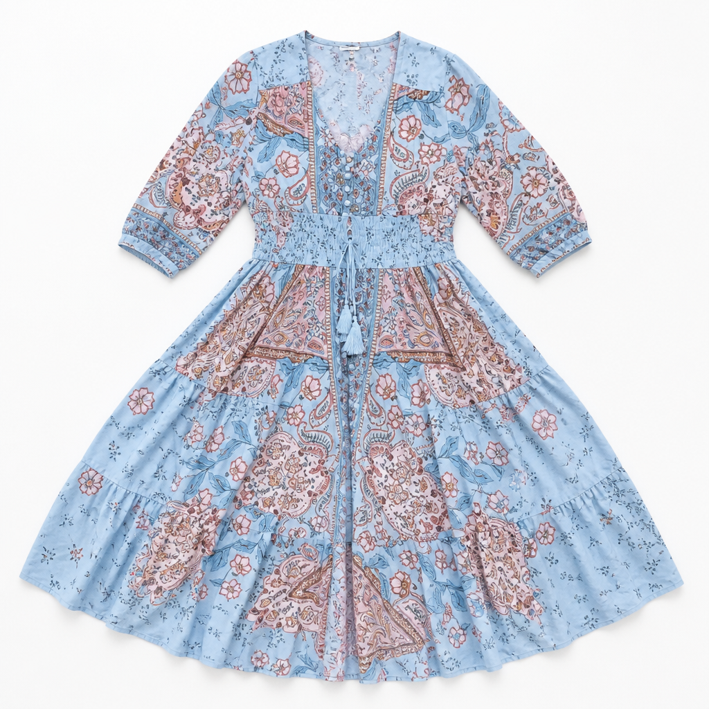 LumeraBelle™ – Breezy Boho Paisley Maxi Dress with Smocked Waist