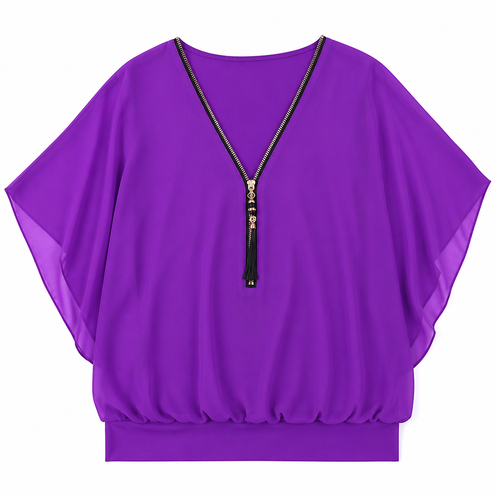 LuminaFlex™ – Airy Chiffon V-Neck Top with Zip Accent