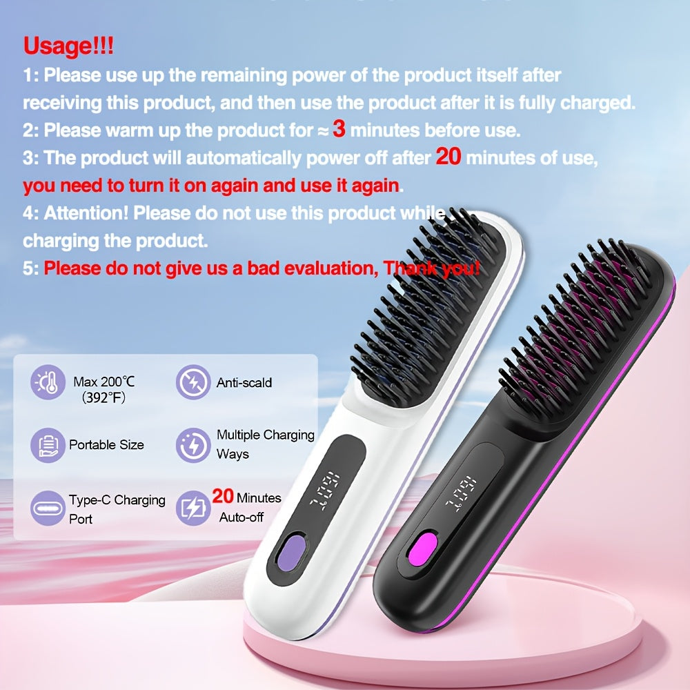 GlamWave - Portable Cordless Hair Straightening Brush with Fast Charge