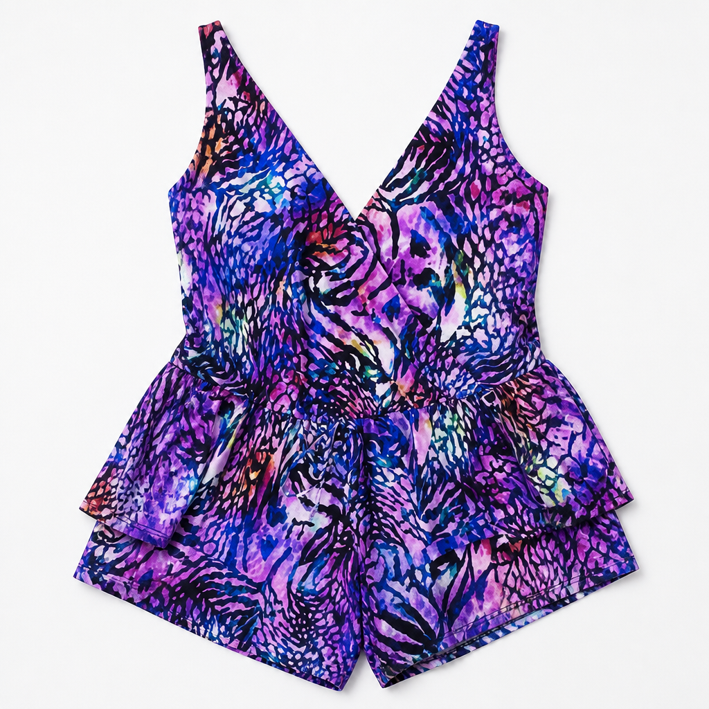 SolaraMist™ – Sheer V-Neck Swim Romper Featuring Watercolor Design