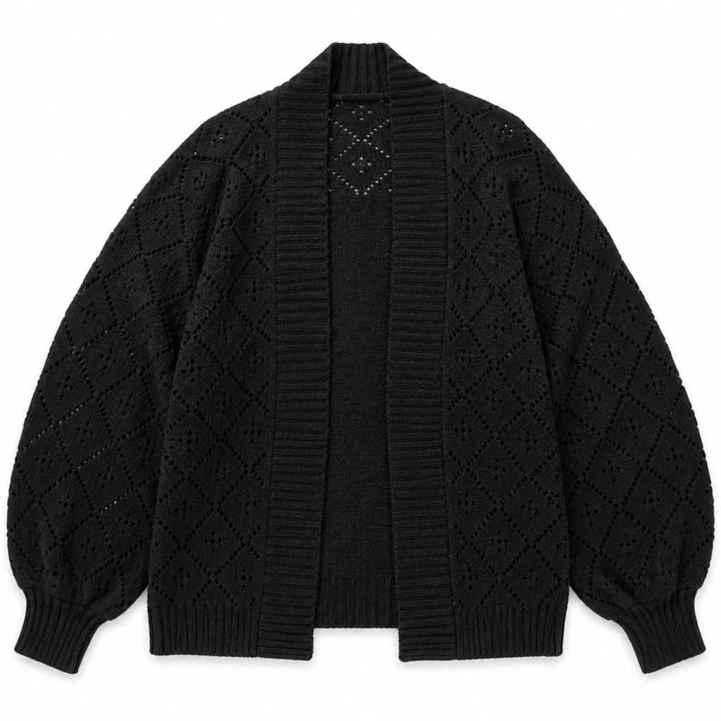 AerieLuxe™ – Hollow Knit Shawl Cardigan with Lantern Sleeves and Open Front