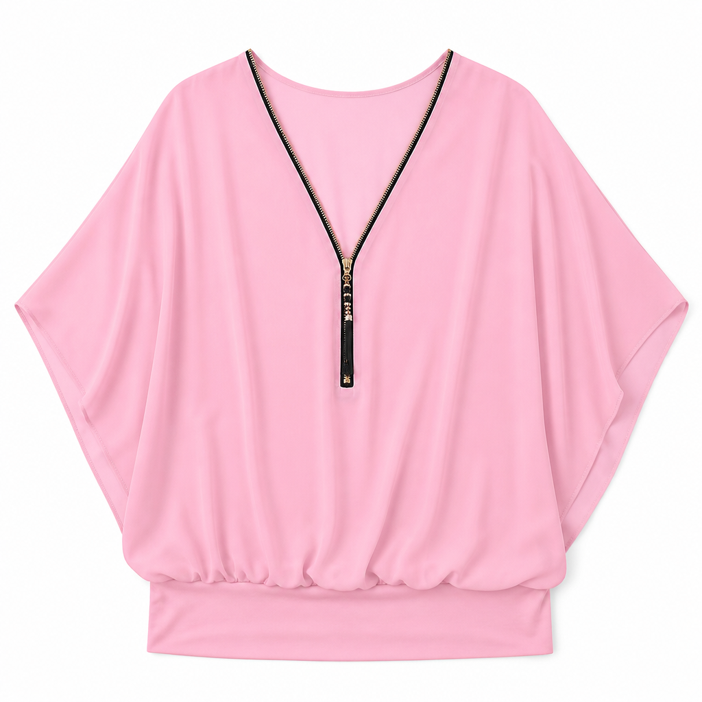 LuminaFlex™ – Airy Chiffon V-Neck Top with Zip Accent