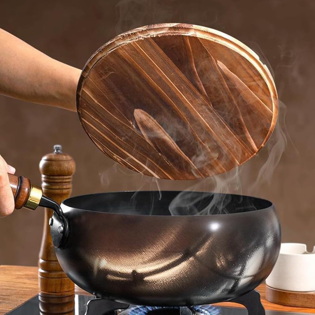 Handcrafted Iron Skillet with Wooden Handle, 24–28 cm
