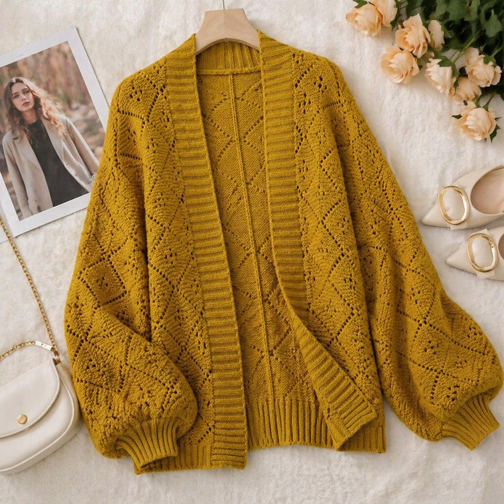 AerieLuxe™ – Hollow Knit Shawl Cardigan with Lantern Sleeves and Open Front