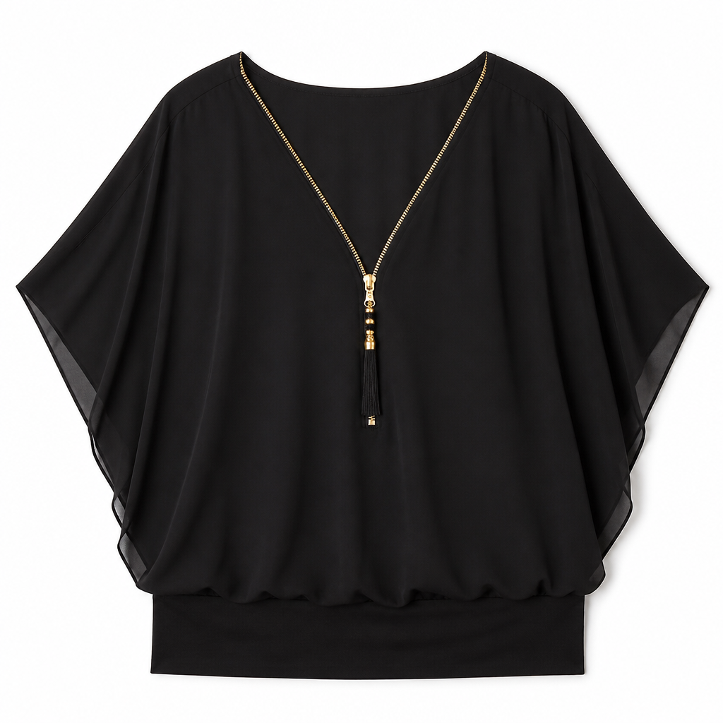 LuminaFlex™ – Airy Chiffon V-Neck Top with Zip Accent