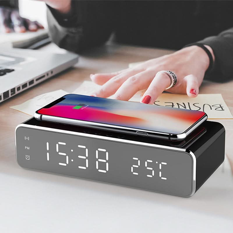 Sleek Alarm Clock with Integrated Wireless Charging Station