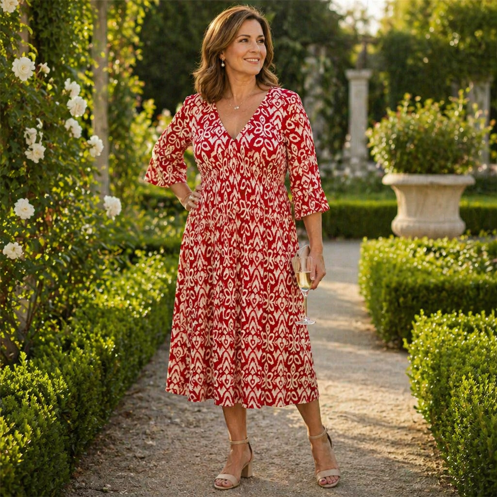 Majestella™ – Flowy V-Neck Midi Dress with Smocked Waist