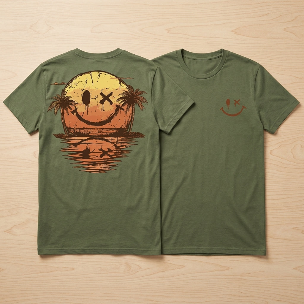 SolaraWave™ – Retro Sunset Smiley Graphic Tee with Front & Back Print